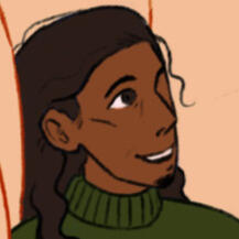 a close up drawing of Jonathan Sims. He is a brown man with goatee, brown eyes and long brown wavy hair. He has a green turtleneck and is smiling and looking ip