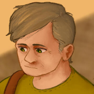 a close up drawing of Elias Bouchard. he is a middle aged white man with short grey hair and green eyes. He has a green shirt on and a brown bag strap over one shoulder. He is looking down with a tired expression
