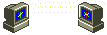 a transparent gif of 2 old computers facing each other. their screens are blue and a yellow letter is being send from the left one to the right one